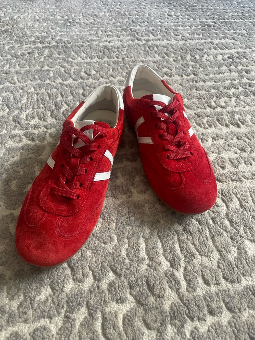 Veronica Beard Red Suede Sneakers with White Stripes